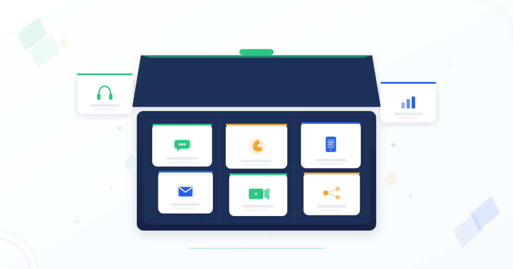 Open toolkit displaying communication tool cards for chat, phone, SMS, email, video, and social channels with helpdesk and analytics cards floating alongside