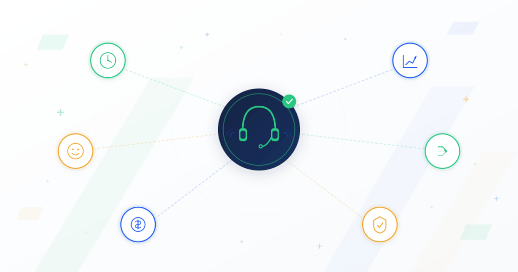 Professional headset surrounded by floating icons representing IVR benefits including 24/7 availability, efficiency metrics, customer satisfaction, call routing, cost savings, and reliability