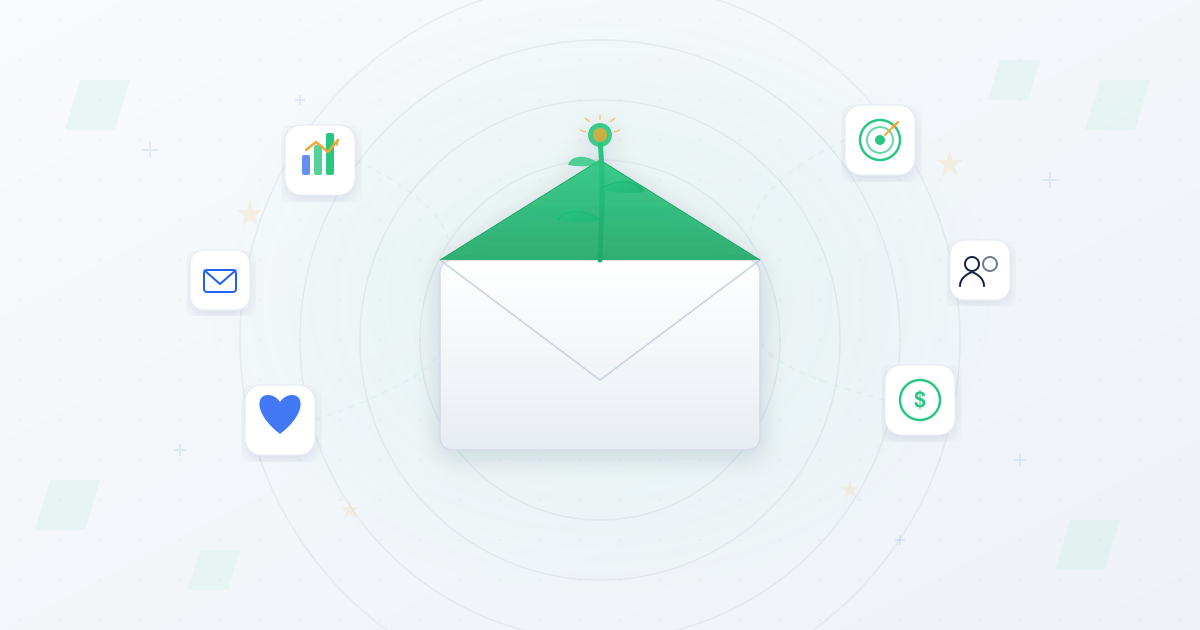 Open envelope with growing plant emerging surrounded by icons for growth, targeting, engagement, and revenue illustrating email marketing potential