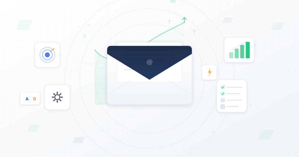 Email marketing strategies illustration showing an envelope with a growth chart and surrounding icons for targeting, automation, A/B testing, analytics, and optimization