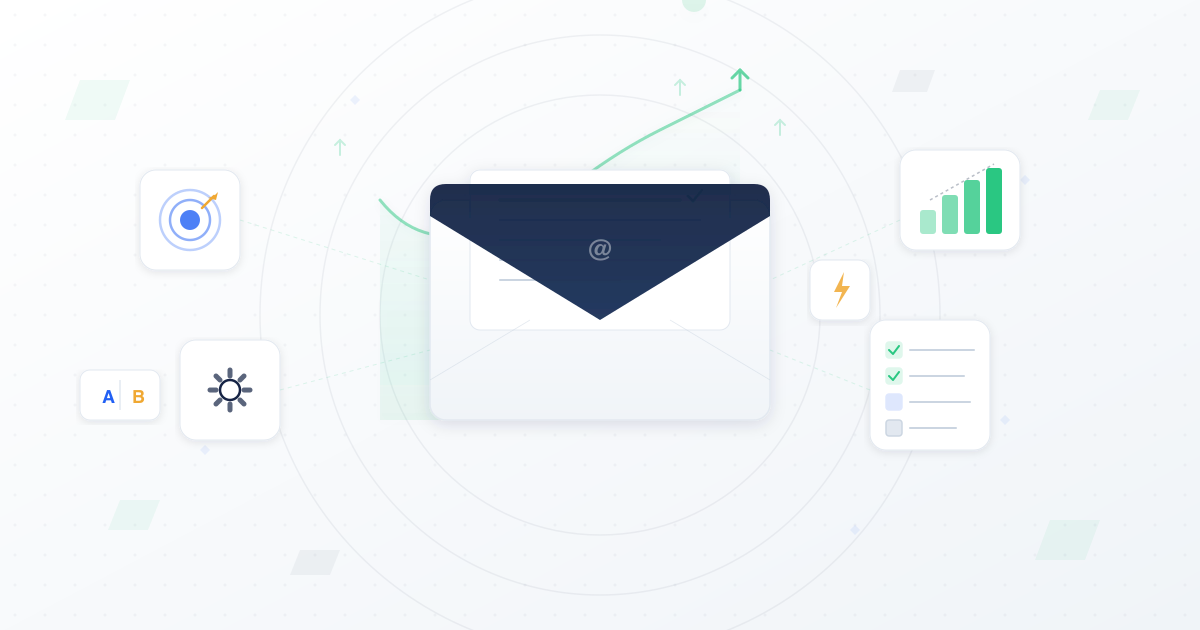 Email marketing strategies illustration showing an envelope with a growth chart and surrounding icons for targeting, automation, A/B testing, analytics, and optimization