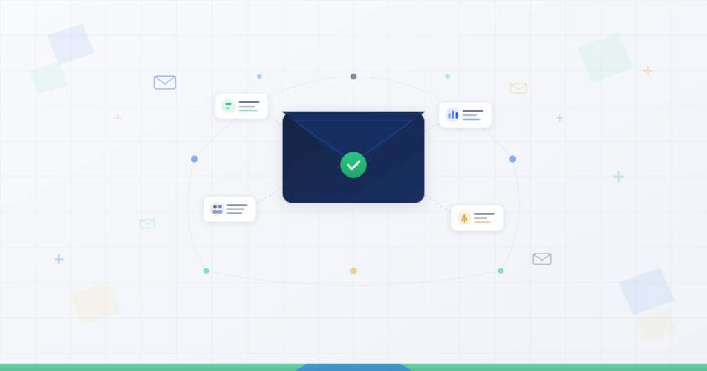 Email marketing best practices illustrated with a central envelope icon surrounded by analytics dashboards showing open rates, click metrics, audience segmentation, and conversion tracking
