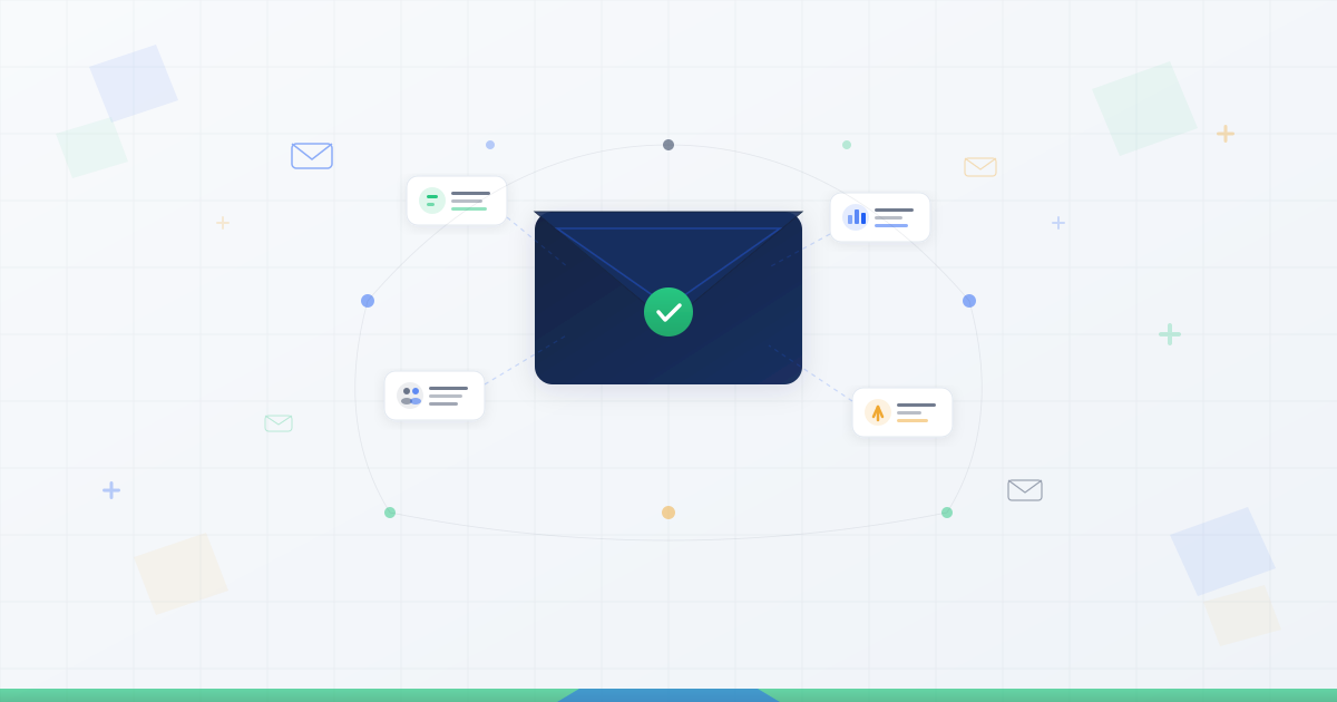 Email marketing best practices illustrated with a central envelope icon surrounded by analytics dashboards showing open rates, click metrics, audience segmentation, and conversion tracking