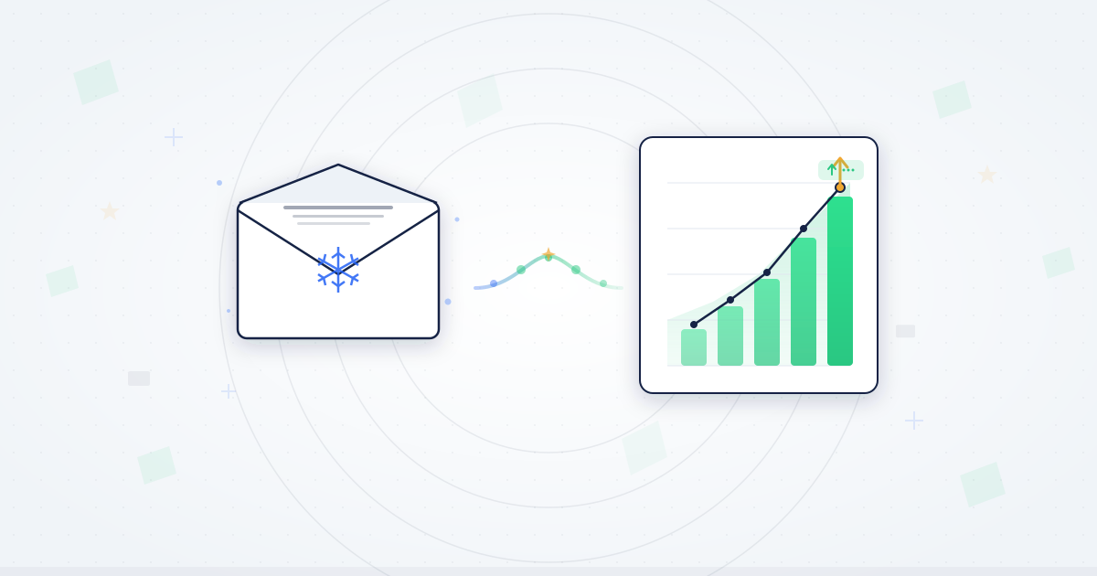 Cold email marketing illustration showing envelope with snowflake transitioning into rising sales chart representing outreach strategies that drive business growth