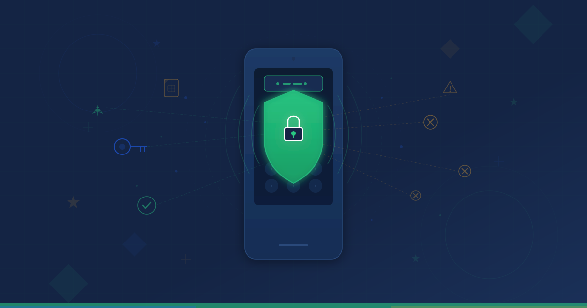 Mobile phone with USSD interface protected by a security shield and lock, surrounded by encryption and authentication icons blocking unauthorized access attempts