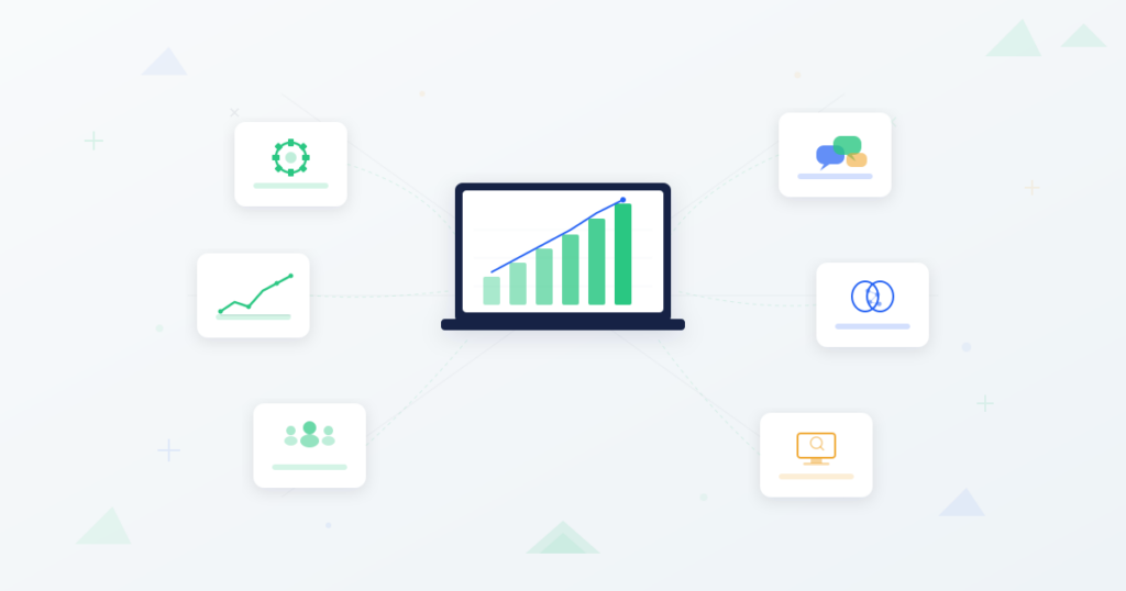 Illustrated dashboard showing upward growth chart surrounded by floating cards representing customer communication scaling strategies including automation AI analytics team expansion chat channels and self-service portals
