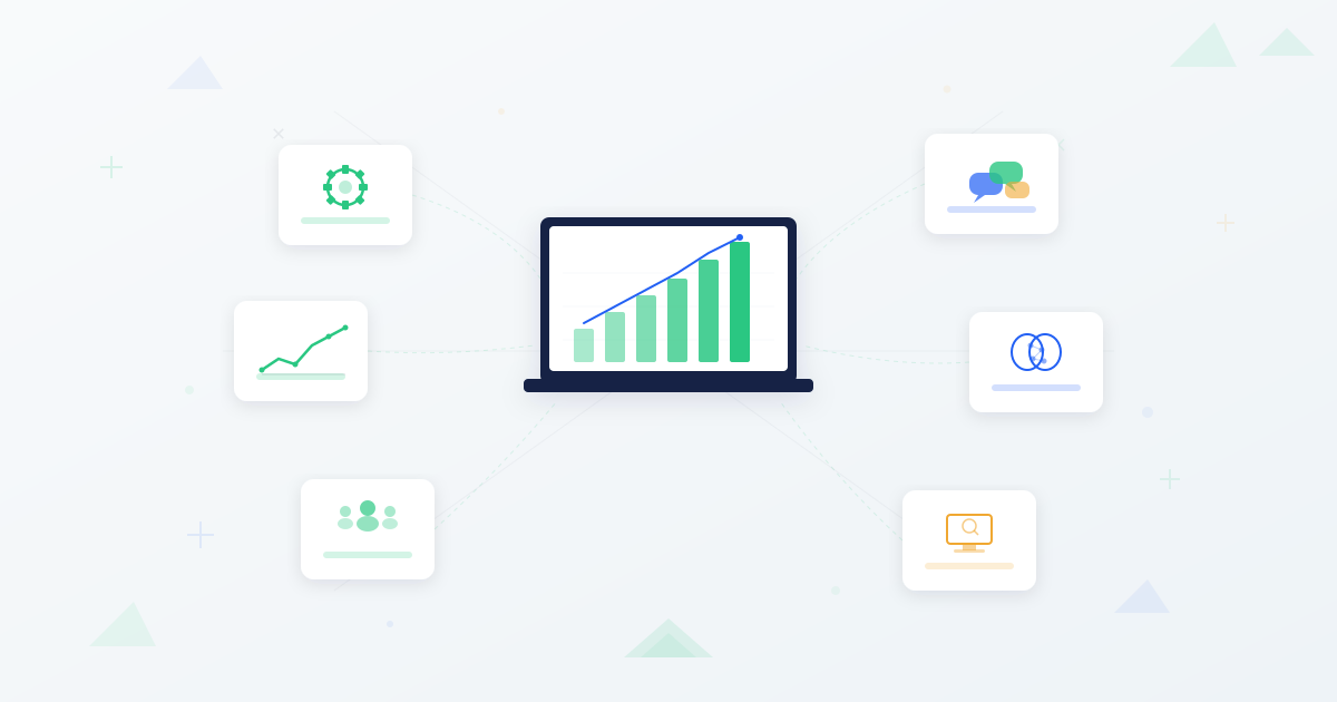 Illustrated dashboard showing upward growth chart surrounded by floating cards representing customer communication scaling strategies including automation AI analytics team expansion chat channels and self-service portals