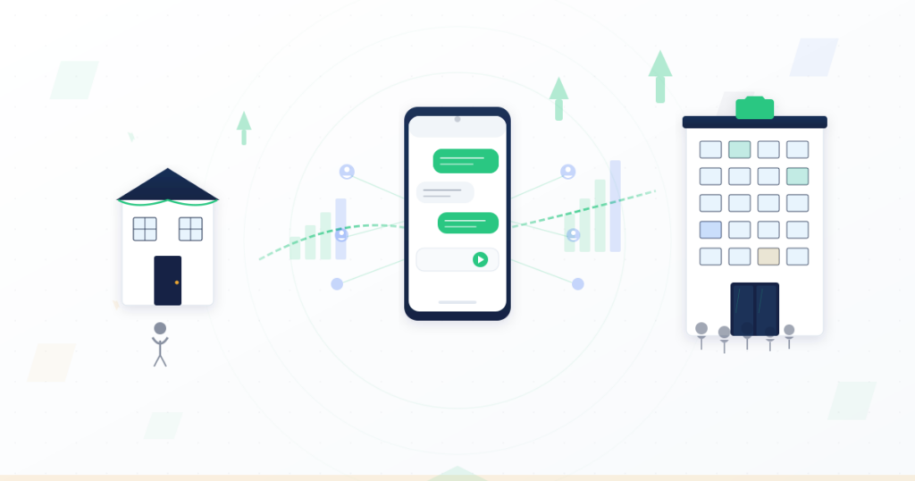 Small business storefront growing into enterprise building with SMS marketing phone at center, showing SME growth through SMS campaigns