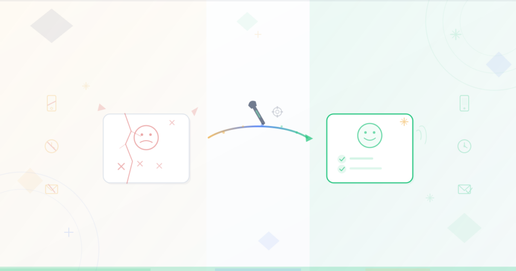 Visual transformation from broken customer service with sad face and failure marks to fixed customer service with checkmarks and happy face connected by a repair arrow