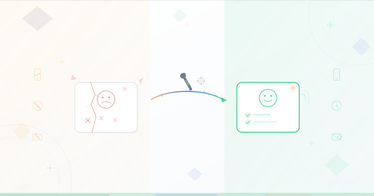 Visual transformation from broken customer service with sad face and failure marks to fixed customer service with checkmarks and happy face connected by a repair arrow