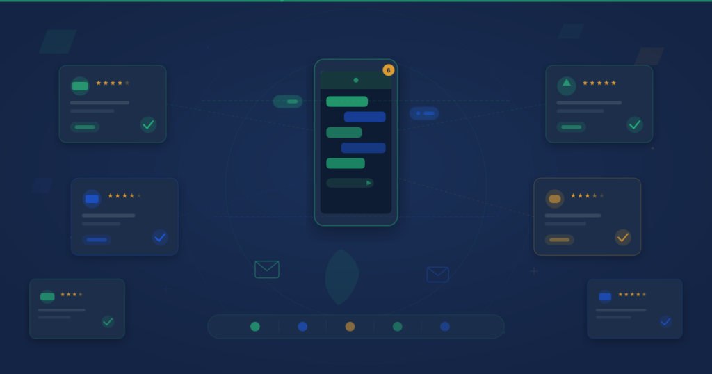 Comparison of bulk SMS providers in Nigeria showing six provider cards with star ratings and checkmarks surrounding a central smartphone