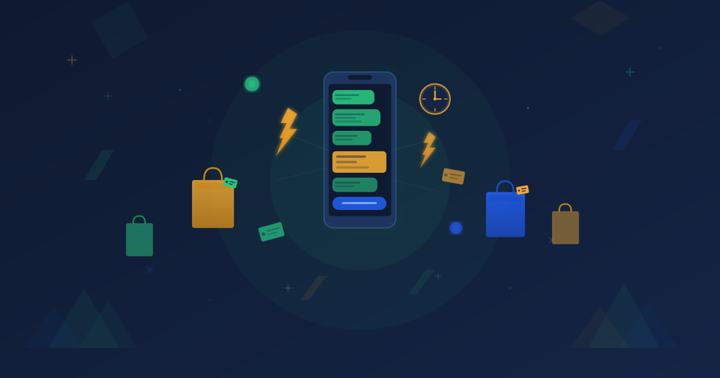 Phone with Black Friday promotional SMS surrounded by shopping bags, price tags, and urgency indicators