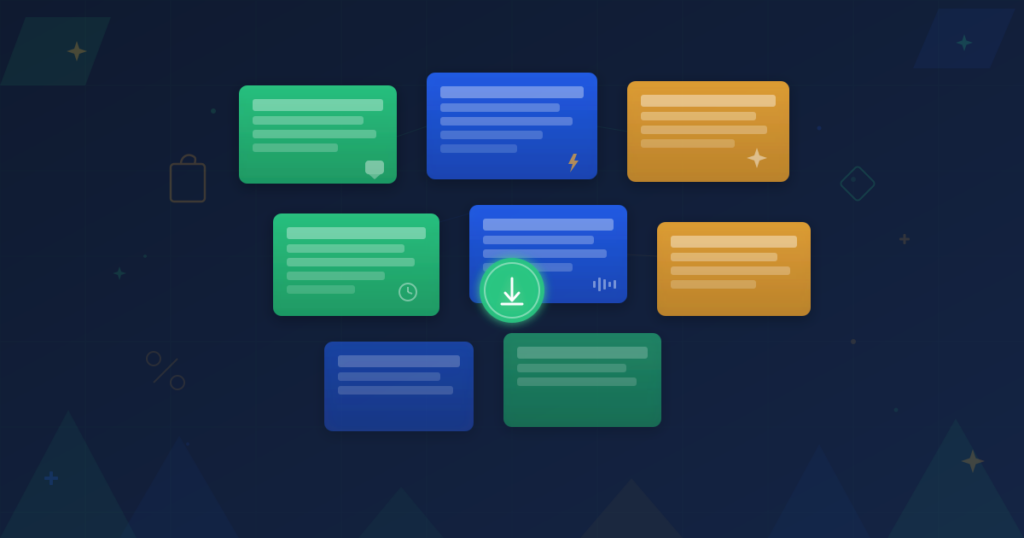 Multiple SMS template cards arranged in stack with download indicator and Black Friday shopping elements