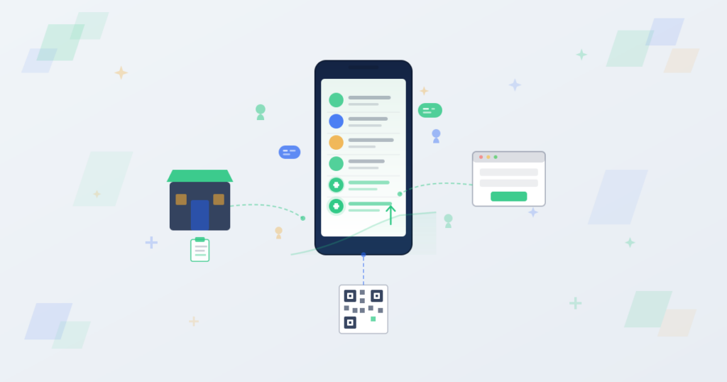 Phone with growing contact list showing new subscribers added via storefront, website form, and QR code channels