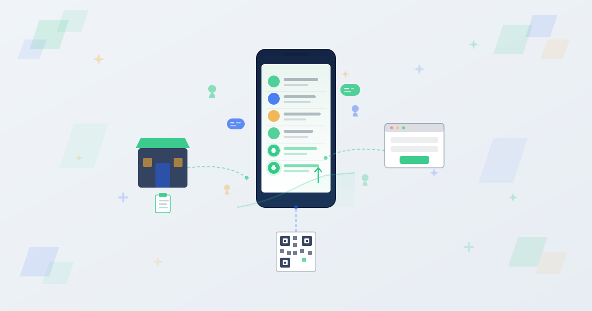 Phone with growing contact list showing new subscribers added via storefront, website form, and QR code channels
