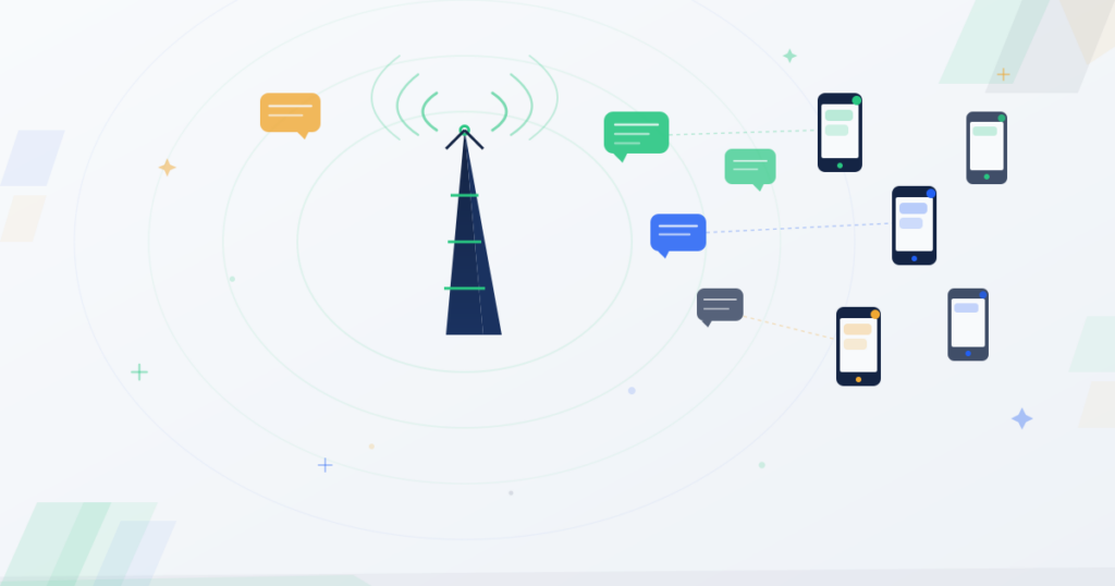 Megaphone sending SMS message bubbles outward in expanding waves reaching diverse recipient phone icons