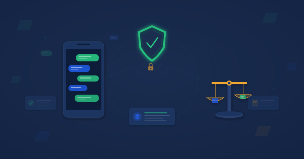 Smartphone with SMS message bubbles, a compliance shield with checkmark, and a balance scale representing legal and regulatory aspects of bulk SMS in Nigeria
