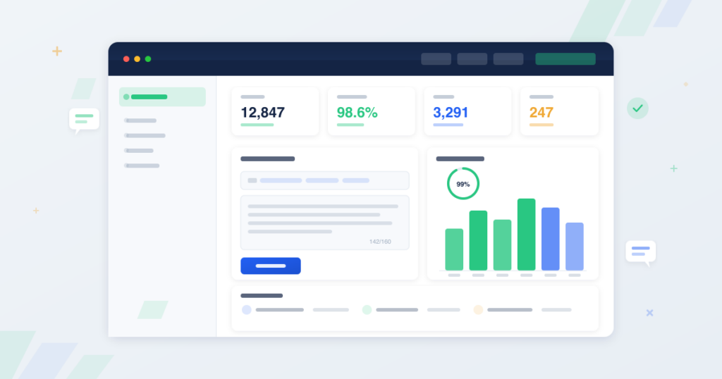 Bulk SMS platform dashboard interface showing message composer, contact list, send button, and delivery statistics