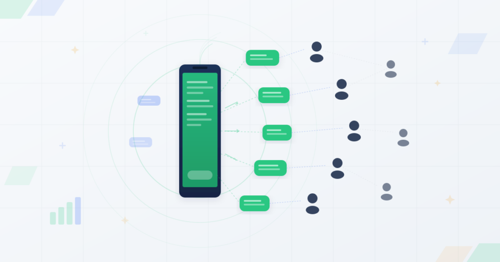 Large phone sending multiple message bubbles outward to a network of recipient icons representing bulk SMS delivery at scale