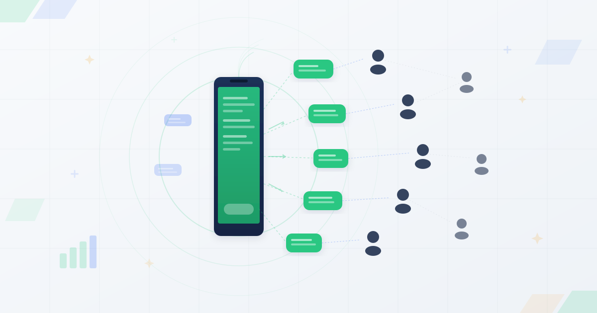 Large phone sending multiple message bubbles outward to a network of recipient icons representing bulk SMS delivery at scale