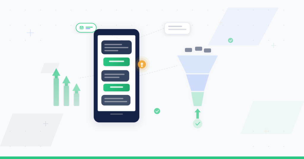 SMS call-to-action illustration showing a mobile phone with message bubbles containing green CTA buttons, a conversion funnel, and upward growth arrows representing increased conversions