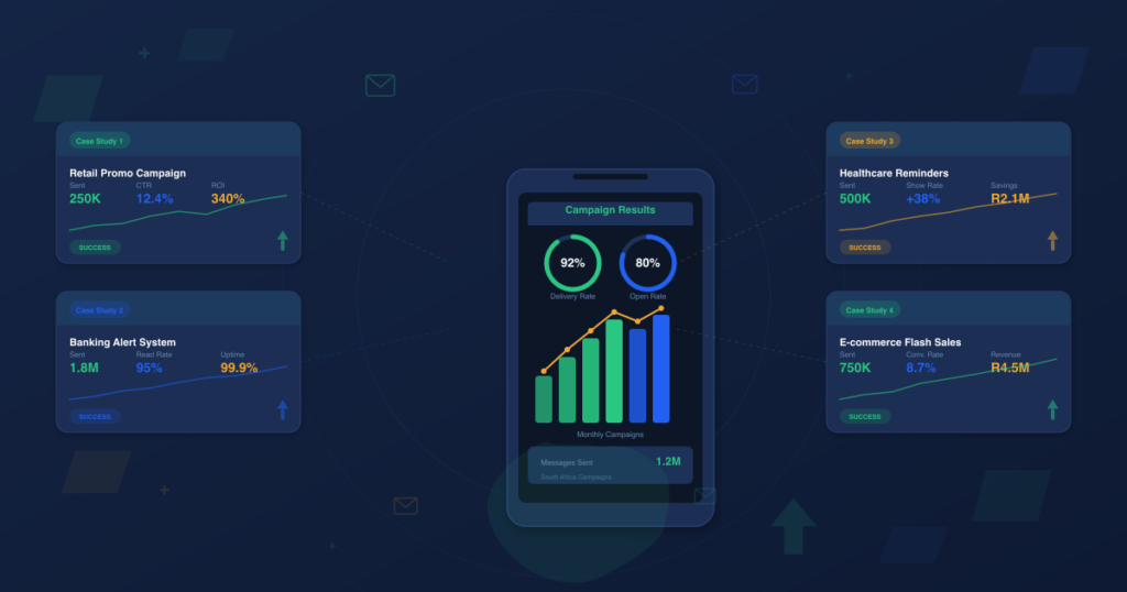 Dashboard illustration showing four bulk SMS campaign case studies in South Africa with metrics for delivery rates, ROI, and engagement