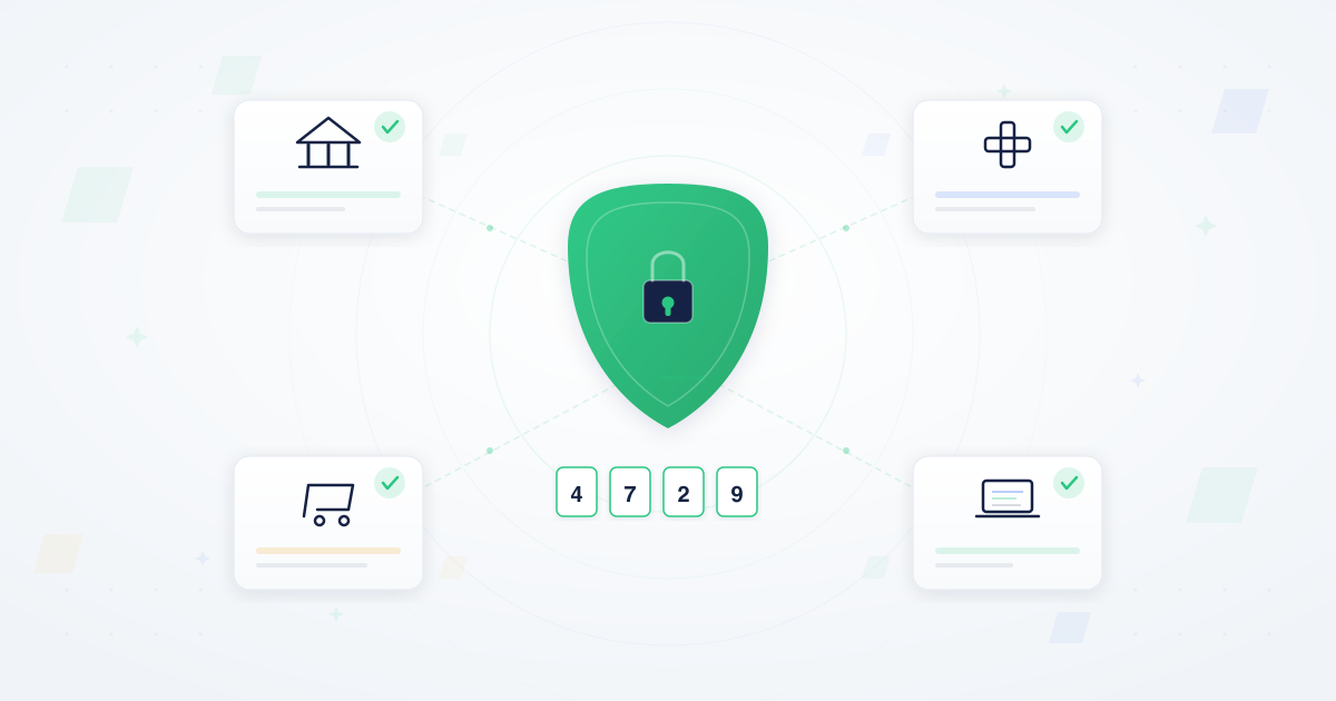 OTP API security shield surrounded by banking, healthcare, e-commerce, and technology industry cards showing cross-industry adoption