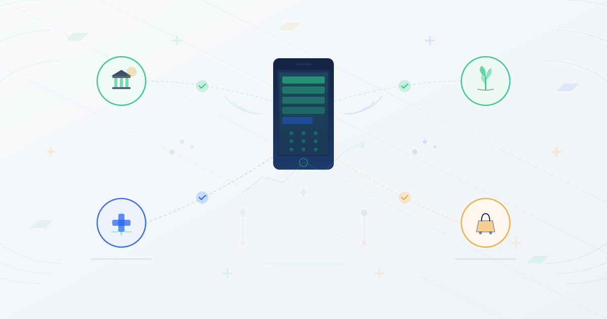 Mobile phone with USSD menu interface connected to banking, agriculture, healthcare, and retail industry icons representing successful USSD implementation across business sectors