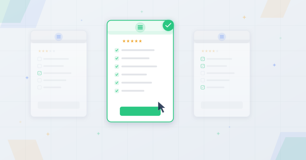 Decision checklist with SMS provider cards being evaluated with checkmarks and rating indicators for choosing bulk SMS service