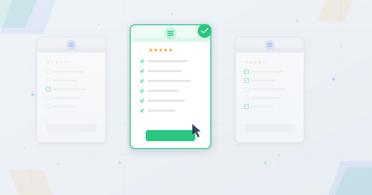 Decision checklist with SMS provider cards being evaluated with checkmarks and rating indicators for choosing bulk SMS service