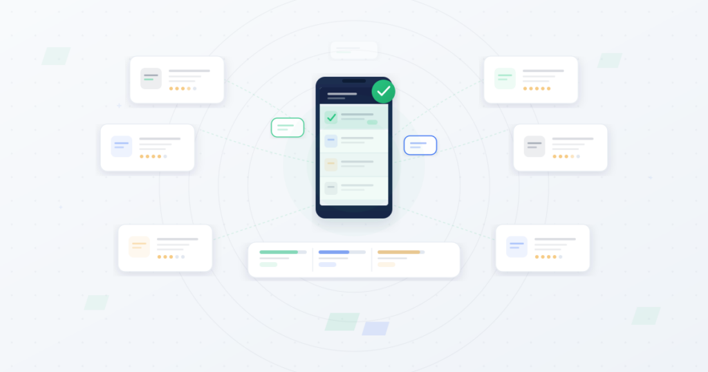 Smartphone displaying a bulk SMS provider comparison list surrounded by provider review cards with ratings, representing a side-by-side evaluation of SMS services for businesses