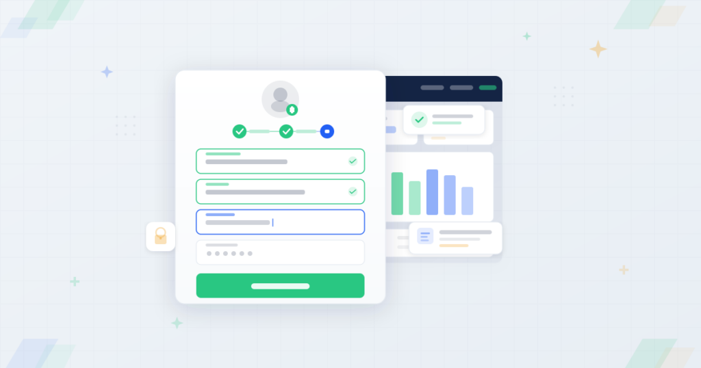 Signup registration form with user profile creation steps, checkmarks for completed steps, and welcome dashboard preview