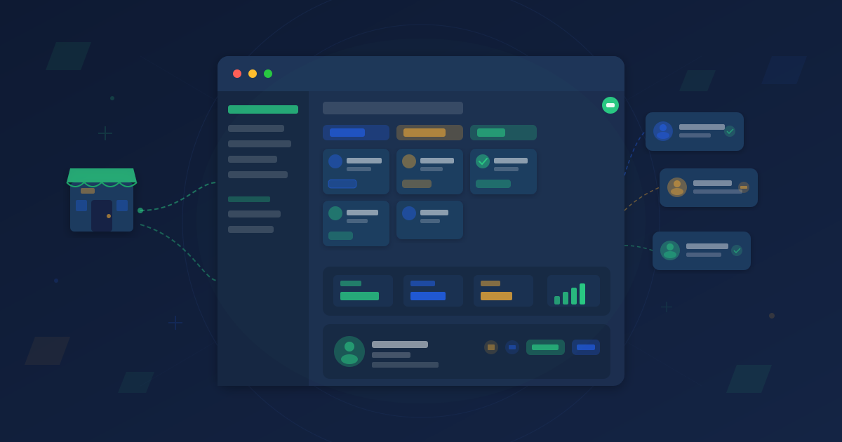 CRM dashboard with sales pipeline and contact cards connected to small business storefront