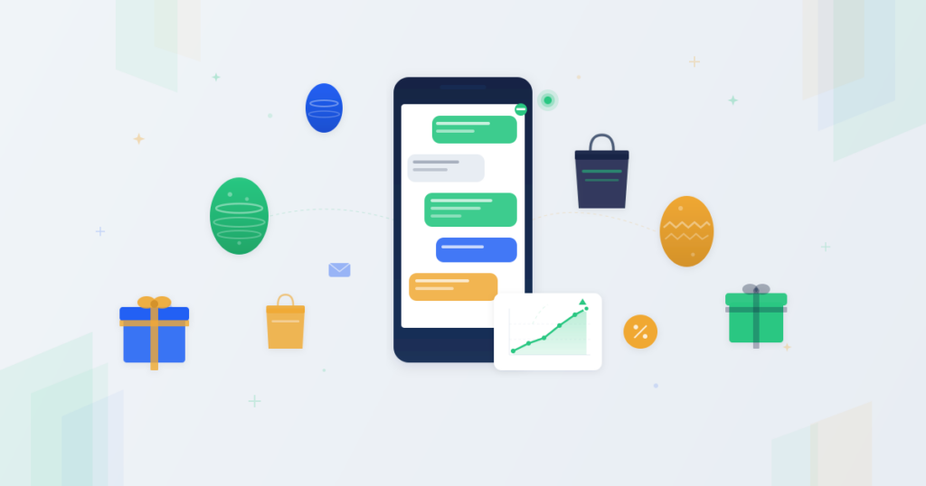 Phone with promotional SMS messages surrounded by Easter eggs, gift boxes, and shopping bags with sales growth indicator