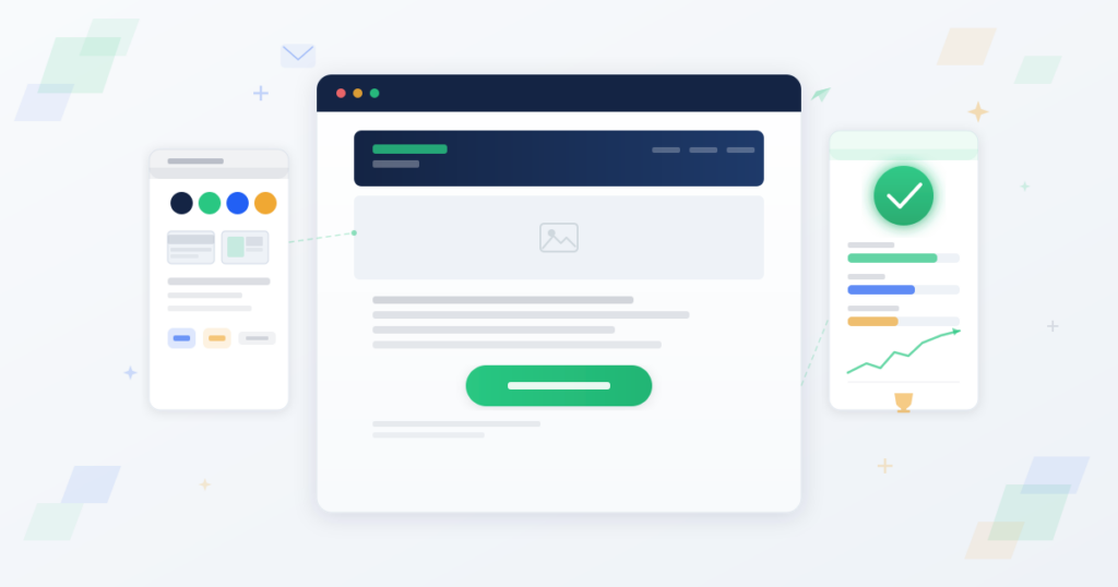 Email campaign design canvas with layout blocks, color swatches, and CTA button showing successful campaign creation