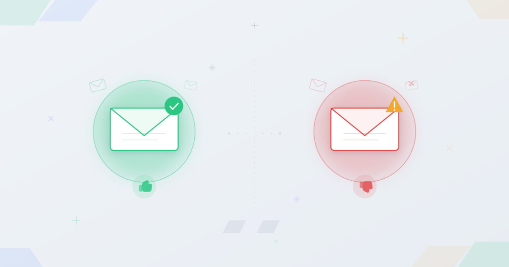 Two email envelopes with green glow thumbs up for dos and red warning thumbs down for donts in email marketing