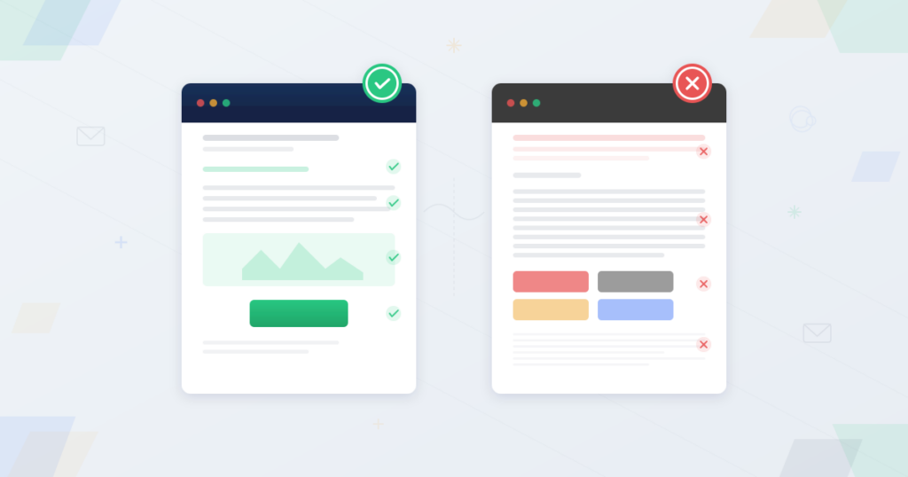 Two email templates side by side with green checkmarks for dos and red X marks for donts in email campaign customization