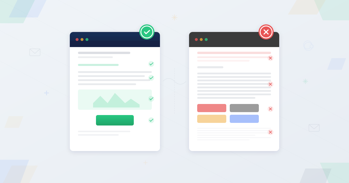 Two email templates side by side with green checkmarks for dos and red X marks for donts in email campaign customization