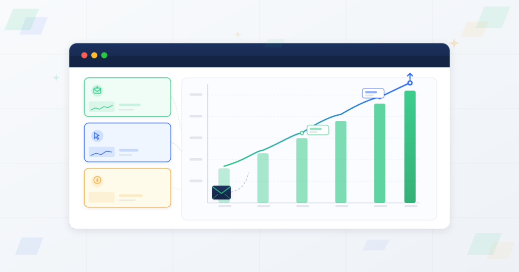 Analytics dashboard with email metrics and growing business chart showing email marketing impact on business growth