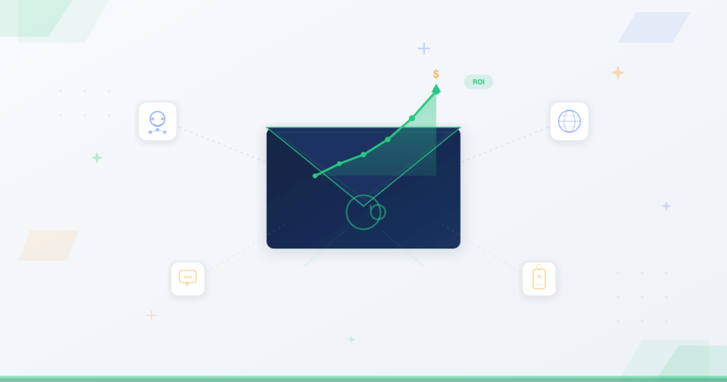 Email envelope with upward trending ROI chart showing email marketing effectiveness compared to other digital channels