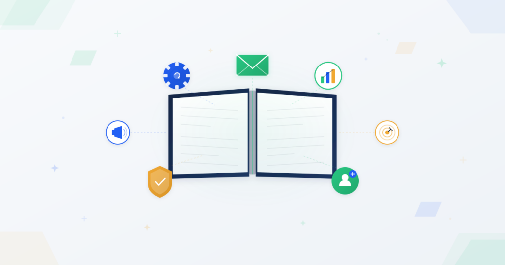 Open guide book revealing email marketing essentials including envelope, automation gear, analytics chart, and compliance shield