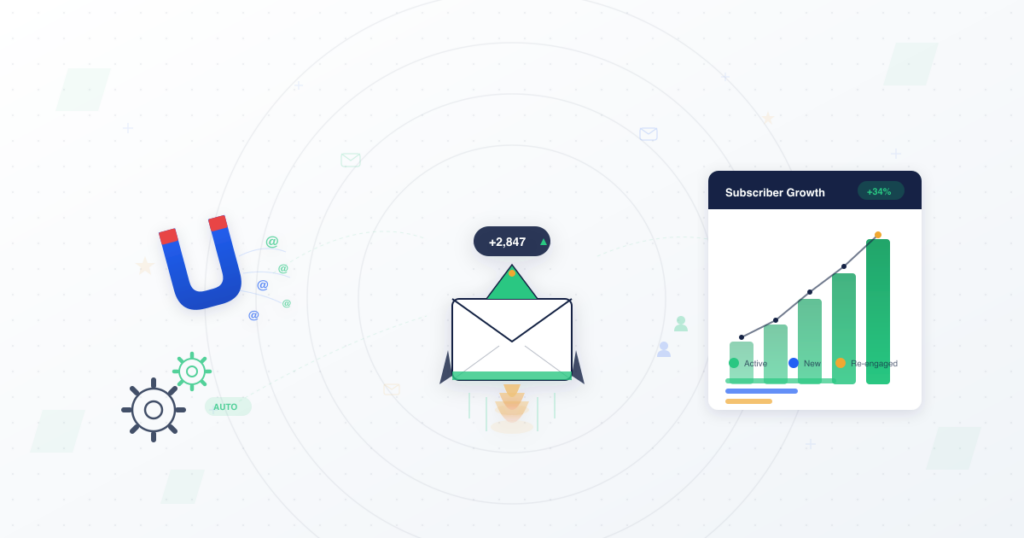 Rocket-powered envelope ascending with growing subscriber count and segmented growth chart for email list building