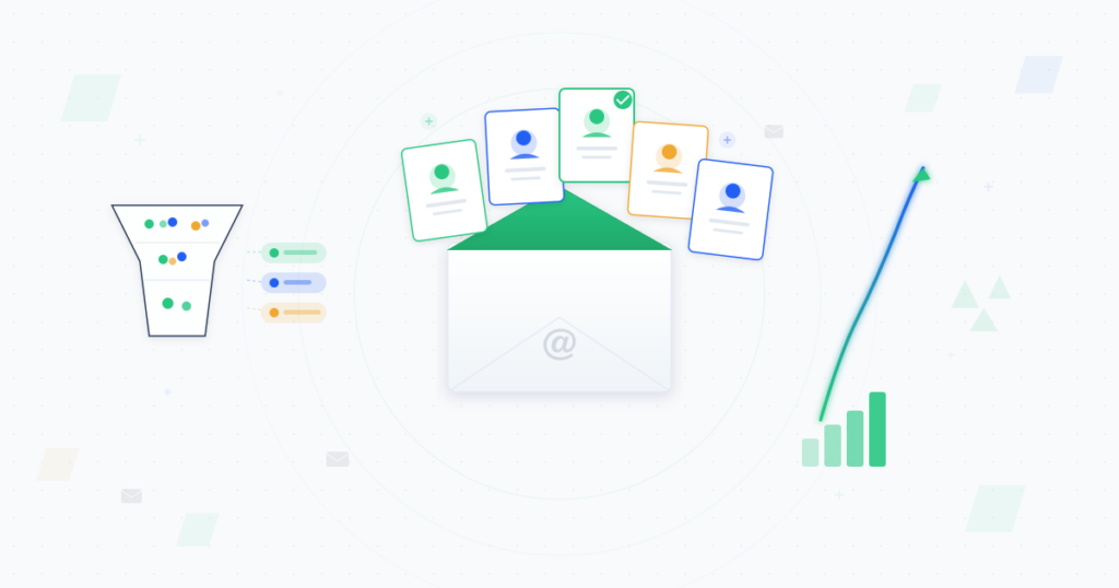 Email marketing list management illustration showing an open envelope with contact profile cards, a segmentation funnel, and an upward growth chart representing audience expansion