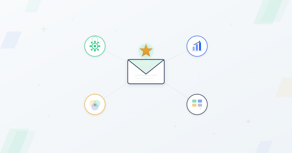Email envelope with standout star surrounded by feature icons for automation, analytics, segmentation, and templates