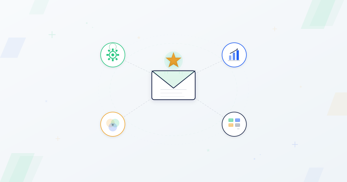 Email envelope with standout star surrounded by feature icons for automation, analytics, segmentation, and templates