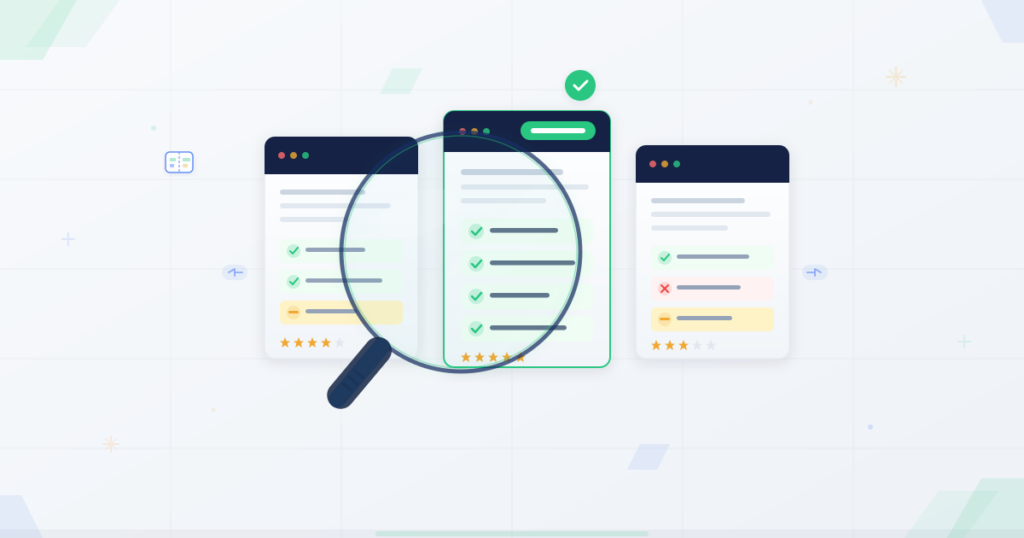 Magnifying glass examining email marketing software interface cards with checkmarks and comparison indicators