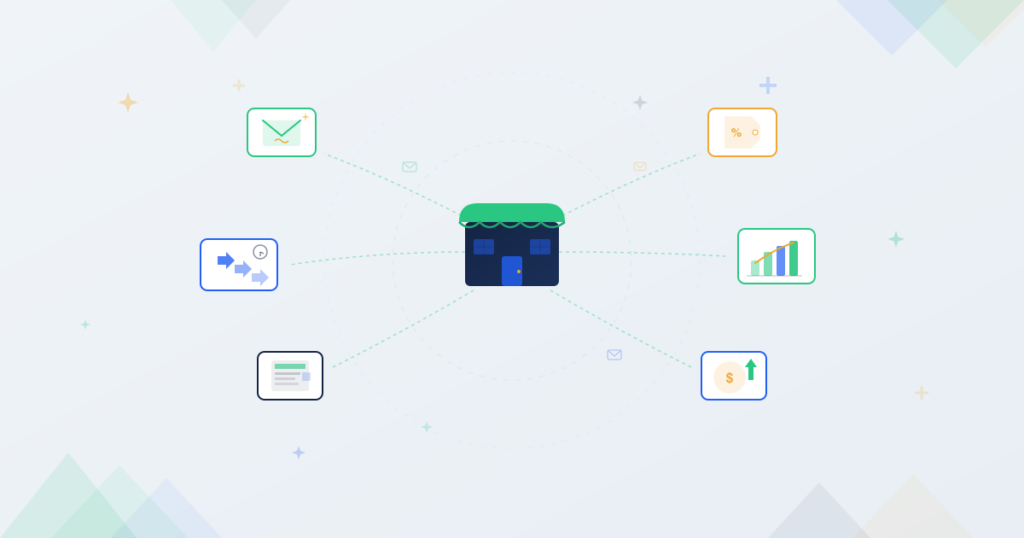 Small business icon with email strategy elements radiating out including automation arrows, newsletter, and analytics chart