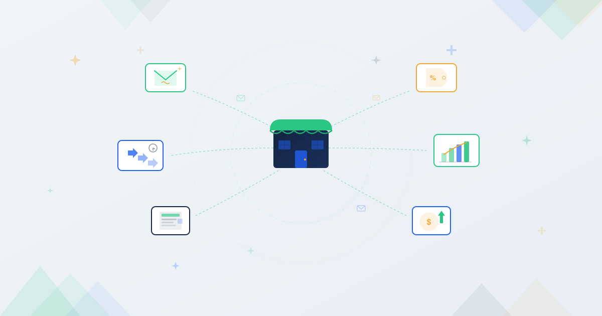 Small business icon with email strategy elements radiating out including automation arrows, newsletter, and analytics chart