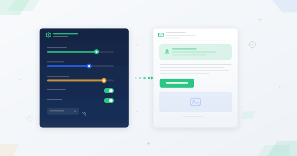 Email template being customized with settings panel and personalized preview showing email marketing strategy customization