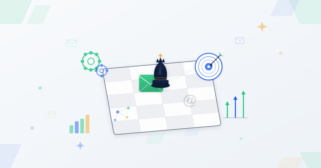 Chess piece on email-themed strategy board with target, automation gears, and growth arrows representing mastery